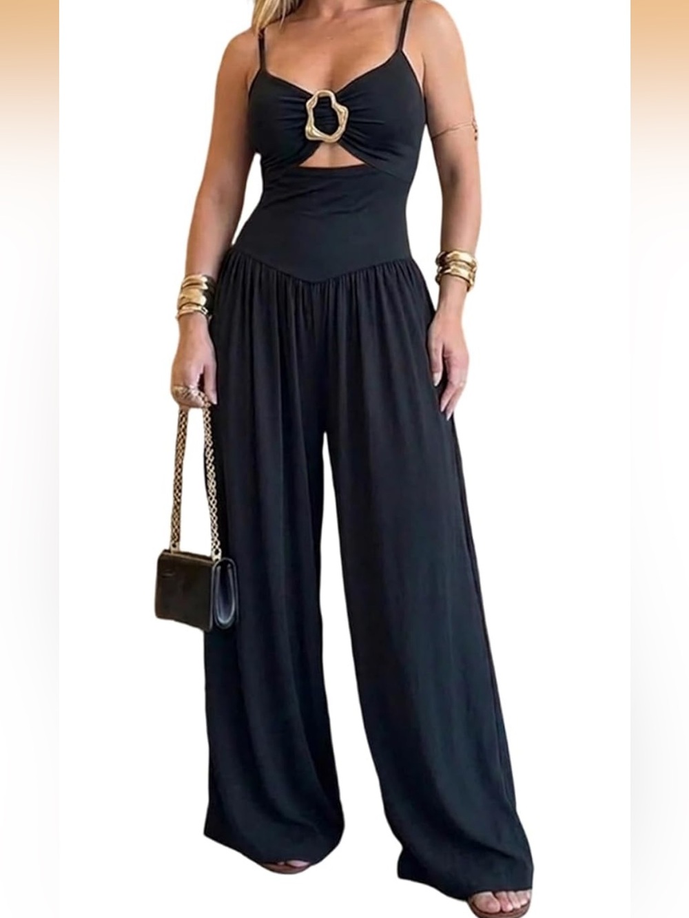 Black Cutout Wide-Leg Jumpsuit with Gold Ring Detail - NWOT - Size S